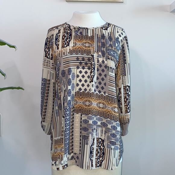*6/$35* Pink Owl Small Brown blue Boho geometric print blouse lightweight - Picture 1 of 8